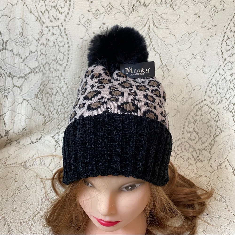 Minky Pom Pom Beige & Black Leopard Print Knit Beanie Soft Velvety Winter Hat